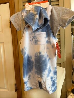 wonder nation Blue Tie-Dye Shortall Set with Gray Tee SUPER SOFT 💜